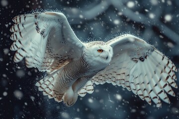 Arctic owl flying in snow storm. White owl flying in snowy winter.