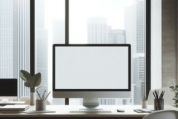 Blank computer screen, Blur modern office .