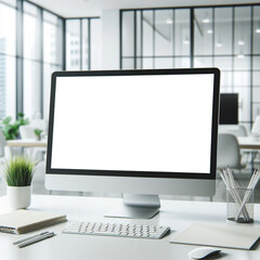 Fototapeta premium Blank computer screen, Blur modern office .