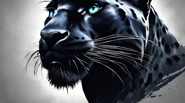 Illustration of panther design, Conceptual image of panther with vibrant eyes. black background with smoke and fire., A black jaguar with blue eyes is in the dark