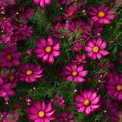 Seamless pink cosmos flowers pattern on black background. Generative ai