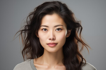 Portrait of a 30 years old asian woman in casual dress looking at the camera. studio shot, isolated, grey background. Generative AI