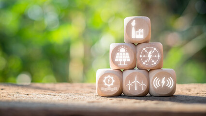 Smart grid concept. Wooden block on desk with smart grid icon on virtual screen. Factories,...
