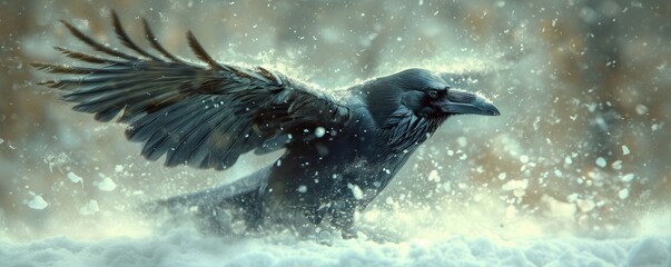 Raven in snow storm. Dark raven in winter.