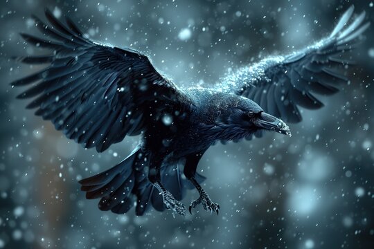 Raven in snow storm. Dark raven in winter.
