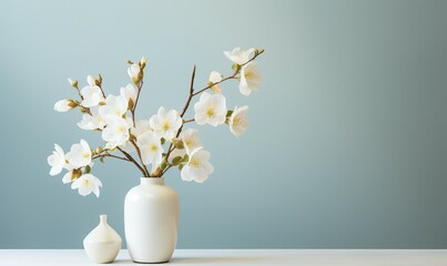 White cherry blossom in vase on blue background. Spring flowers