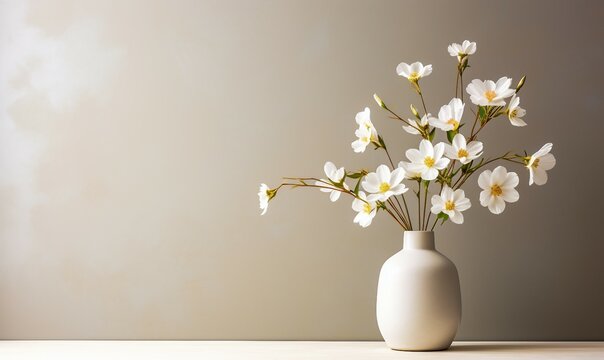 Bouquet of white flowers in vase on wooden table.