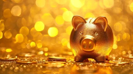 Golden piggy bank shining on a golden background generative ai