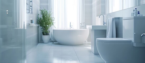 Fototapeta premium Modern bathroom with cleaning supplies conveniently located by the toilet.