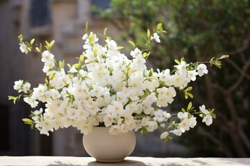 Naklejka na ściany i meble Stunning alfresco arrangement adorned with elegant white blossoms for a special celebration. Generative AI
