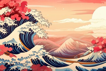 Japanese-style background material with big waves and Mt. Fuji. Generative AI