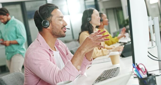 Crm, contact us and business man on a call center consulting call in a office working. Callcenter, marketing phone call and sales conversation of a consultant with a headset doing telemarketing