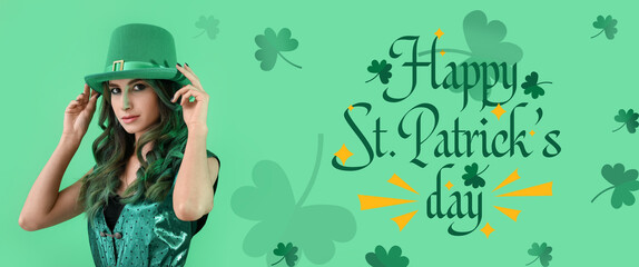 Stylish young woman dressed for St. Patrick's Day party on green background