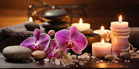 Spa still life with spa stones, burning candles and orchid. A soothing spa still life composition featuring a pile of black stones, lit candles, and beautiful orchids.