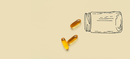 Drawn bottle and fish oil capsules on light beige background with space for text