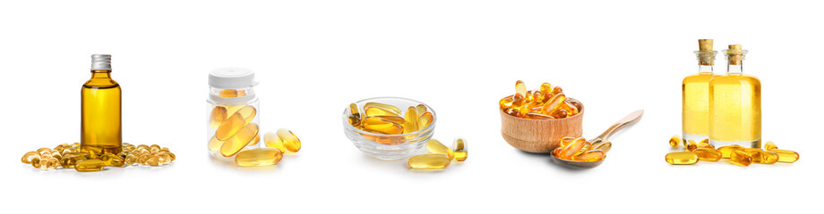 Set of fish oil pills isolated on white