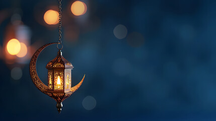 Glowing ramadan lantern with crescent. Islamic greeting cards for muslim holidays and ramadan. Banner template for celebration ramadan. - obrazy, fototapety, plakaty