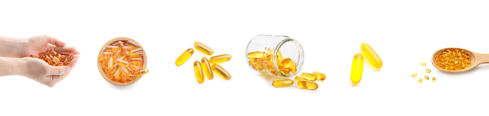 Set of fish oil pills on white background