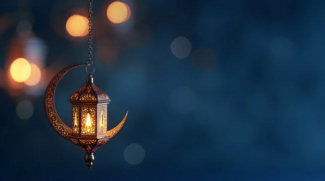 Glowing ramadan lantern with crescent. Islamic greeting cards for muslim holidays and ramadan. Banner template for celebration ramadan.