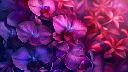 Lush orchid blooms in a vibrant array of purples and magentas generative ai