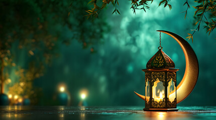 Ramadan lantern in the green dark background