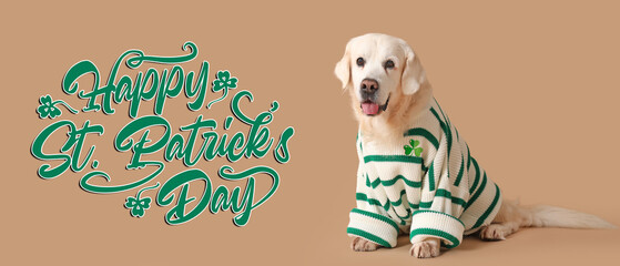 Cute dog in sweater and text HAPPY ST. PATRICK'S DAY on beige background