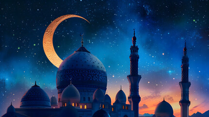 Mosque with crescent over mosque dome. Ramadan mubarak banner design. Islamic muslim holidays. Islamic greeting card. Ramadan mubarak.
