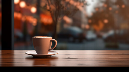Blurred modern background, a cup of coffee on a wooden tabletop.
