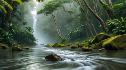Amazon rainforest misty waterfall and river landscape. Nature wallpaper design. Generative ai - obrazy, fototapety, plakaty