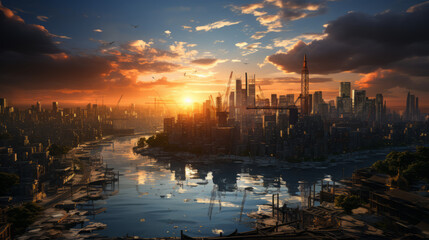 Magnificent Urban Panorama: Captivating Cityscape at Twilight Overlooking Water, Boats & Skyline in...