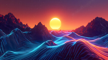 Neon colored landscape with mountain and sunset
