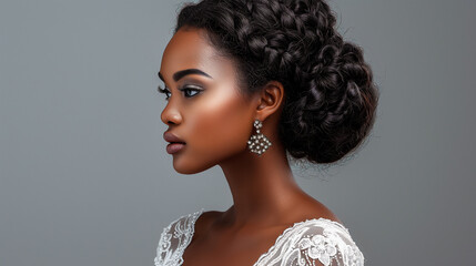 Elegant hairstyle of a dark-skinned woman in a wedding dress