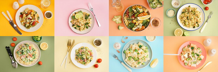 Set of plates with tasty pasta and vegetables on color background, top view