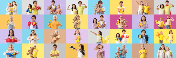 Big collage of little children with golden ribbons on color background. Childhood cancer awareness...
