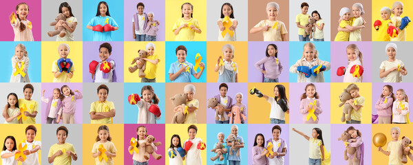 Group of little children with golden ribbons on color background. Childhood cancer awareness concept - obrazy, fototapety, plakaty