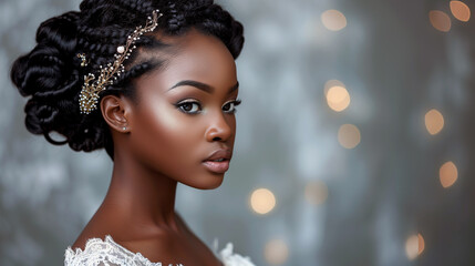 Elegant hairstyle of a dark-skinned woman in a wedding dress.