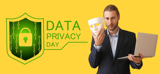 Banner for Data Privacy Day with male hacker holding laptop and mask