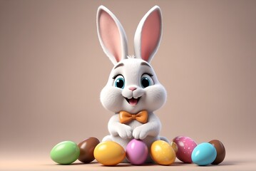 Fototapeta na wymiar Happy cute smiling easter bunny and easter eggs on a beige minimalistic background