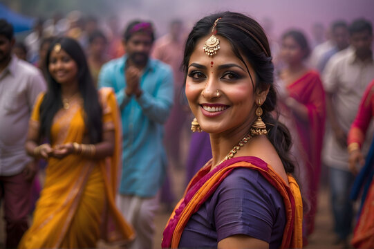 Happy Indian woman celebrating a street festival, generative AI