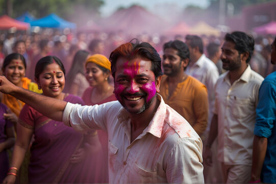 Celebrating Holi Festival of Colors, Happy Indian people with colorful Holi powder on face and body, generative AI