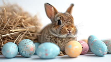 Fototapeta na wymiar Furry Rabbit with Patterned Eggs, Easter Celebration