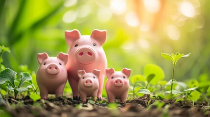 Piggy bank family with parent and baby pigs generative ai