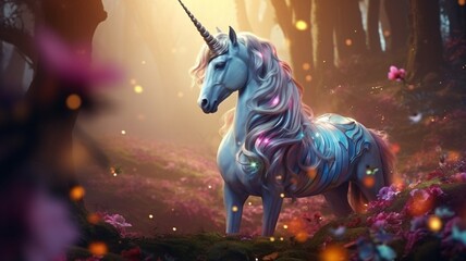 Obraz na płótnie Canvas Beautiful young unicorn standing in a forest of colorful bright flowers Ai generated art