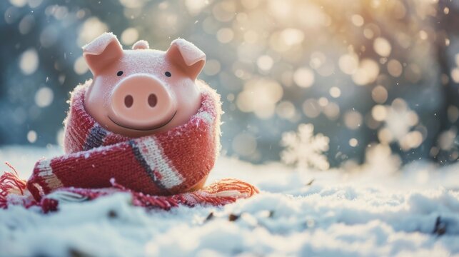 Piggy bank in a winter scene with a scarf and snowflakes generative ai