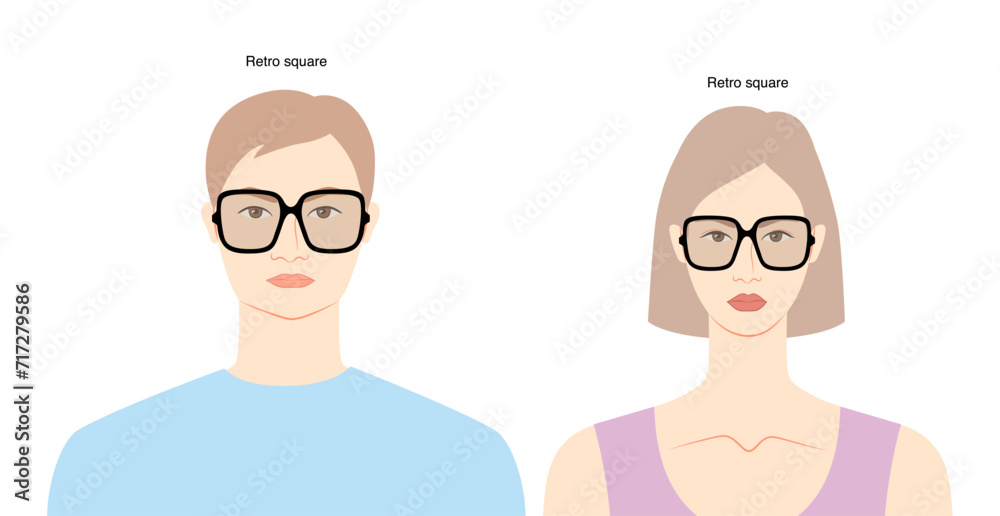 Sticker Retro Square frame glasses on women and men flat character fashion accessory illustration. Sunglass front view unisex silhouette style, rim spectacles eyeglasses, lens sketch outline isolated on white