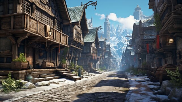 Blue tone anime drawing of a skyrim city Ai generated art