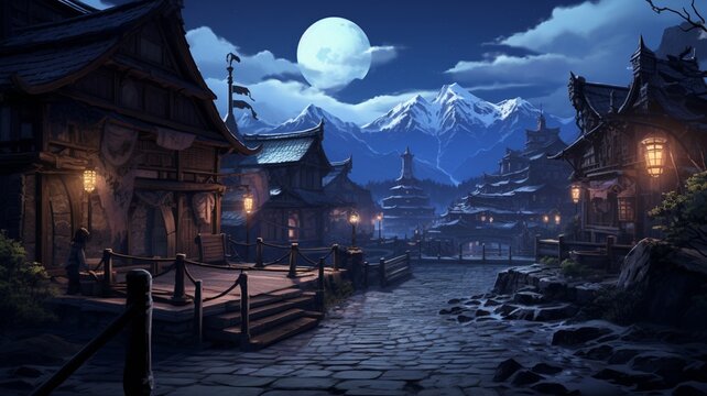 Blue tone anime drawing of a skyrim city Ai generated art