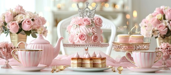Princess-themed bridal shower with pink cake stand, roses teapot, tea cup, diamond crown tiara, gold cutlery, honoring royal wedding.