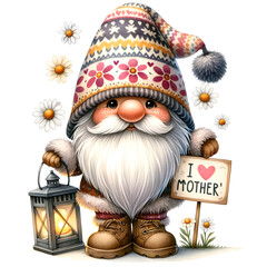 Obraz premium Cute Watercolor Gnome Mother's Day Clipart Illustration