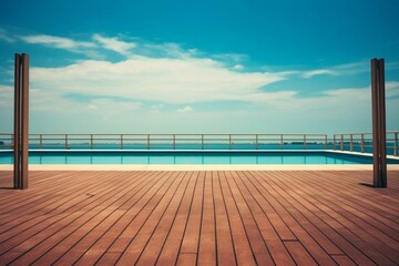 Empty deck, pool, minimalist view, blue sky, vintage filter. Generative AI
